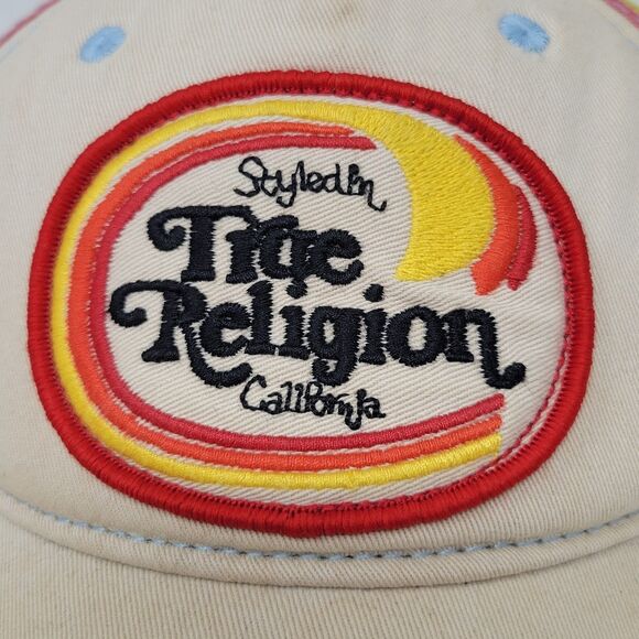 True Religion Distressed Style Strapback Trucker Baseball Cap Hat Tan Red - Picture 3 of 10